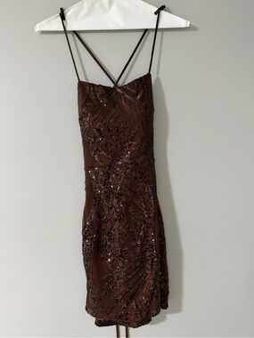 Brown Sequin Slip Mini Dress with Cross-Strap Corset Back